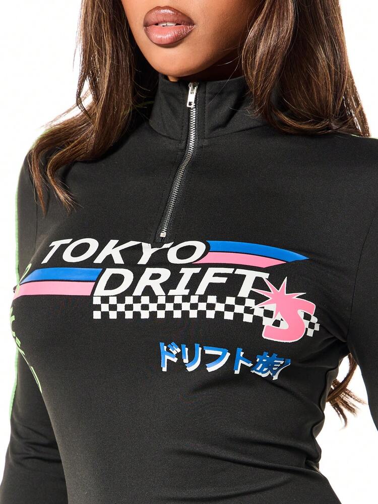 SUMWON WOMEN Half Zip Racing Graphic Mini Dress With High Neck
