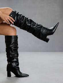 CUCCOO SZL Botas altas de mujer de piel de imitación plisada, de moda y versátiles para uso diario - Negro - Ver 3