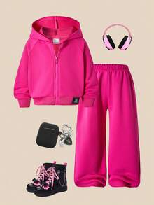 SHEIN ChillGRL Streecool 少女休闲学院风百搭小Logo连帽宽松拉链卫衣和阔腿运动裤套装，适合休闲和运动场合。 - 玫紅色 - 查看 8
