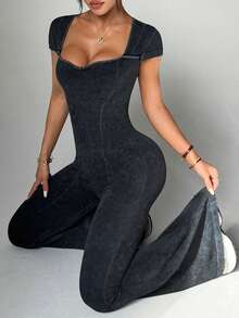 Dewbera 1pc Women's Seamless Washed Matte Sweetheart Collar Butterfly Sleeve Slimming Yoga Exercise Dance Gymnastics Jumpsuit Flare Pants - Black - View 1