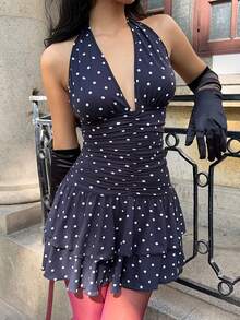 MainGRL Black Background White Polka Dot Ruffles Halter Neck Sexy Dress For Women, Christmas Party Dress ,New Year's Outfit For Women ,Women's Summer Dresses - Black and White - View 5