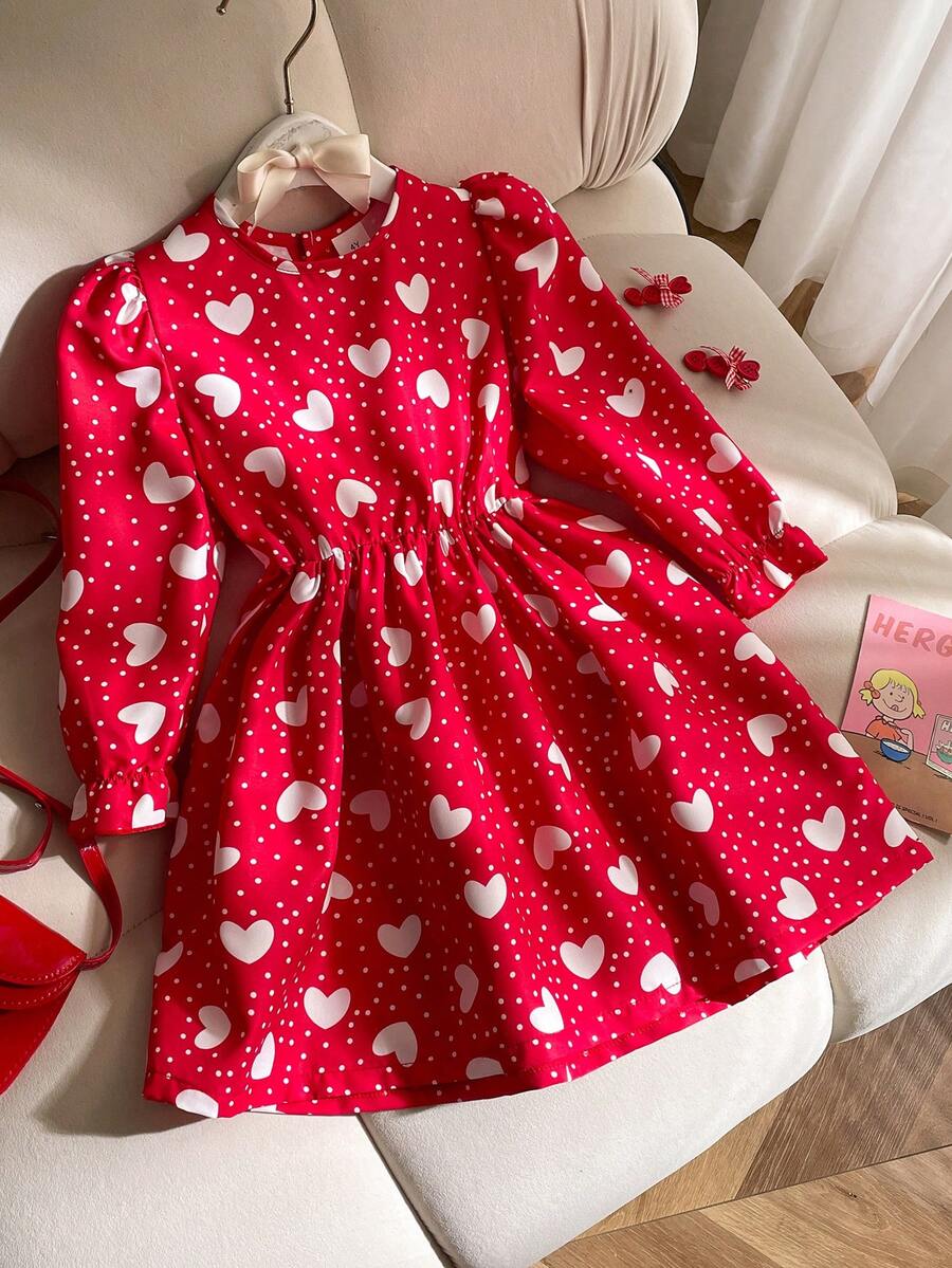 Elladie kids Young Girl' Energetic Sunshine Sweet Cute White Heart & Polka Dot Print Long Sleeve Casual Red Dress - Red - View 1