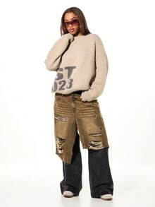 SUMWON WOMEN Double Layer Distressed Studded Wide Leg Denim Jeans With Rhinestone Embellishments And Raw Hem Details Fall Winter Layering - Multicolor - View 3