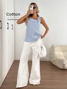 Easowa 女士不对称领扣装饰蓝白条纹休闲度假无袖衬衫夏季