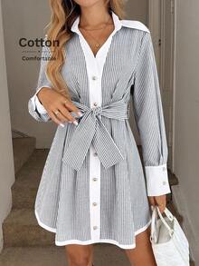 Easowa Farbblock-Patchwork-Kragen, Laternenärmel, A-Linie, langärmliges Kleid, lässig, locker, Pendler-Vintage-Stil, kurzes Damenkleid, gestreiftes Hemdkleid, Kleid mit Taillenschnürung, langärmliges Hemdkleid, adrettes Kleid, lässiges Kleid - Verschiedenfarbig - Übersicht 6