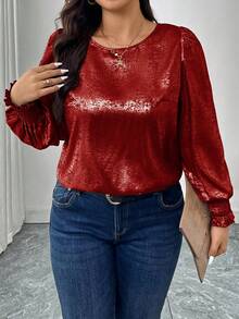 SHEIN LUNE Áo cánh tay bồng cổ tròn họa tiết lá kim loại - Màu Đỏ Sâu - Xem 4