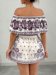 Elenzga 大码夏季休闲印花露肩上衣和裹身裙两件套 - 中紫紅色 - 查看 2