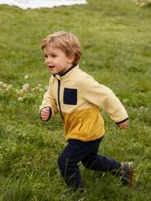 SHEIN Young Boy Casual Thermal Lined Stand Collar Splicing Faux Pocket Long Sleeve Jacket, Suitable For Everyday Wear, School, And Home In Autumn/Winter