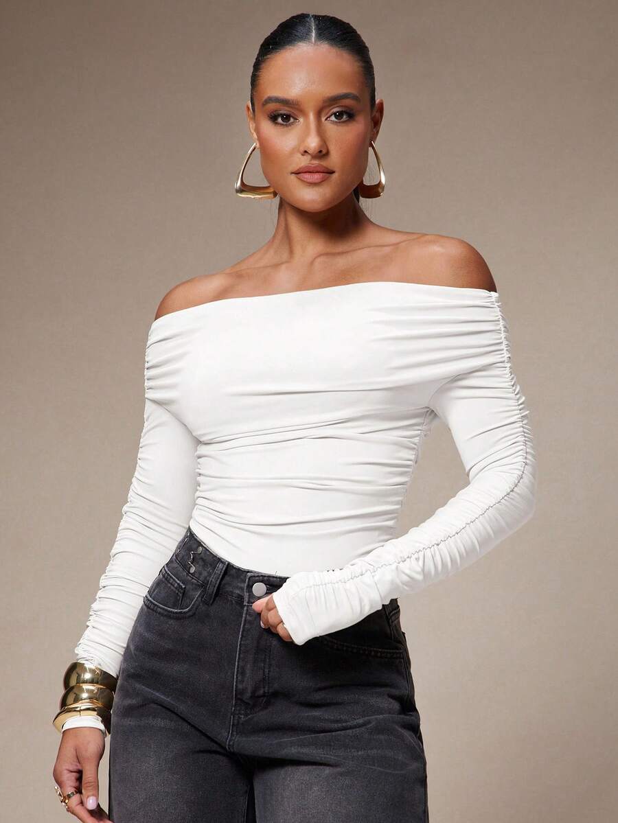 Silquee Women's Solid Color Off-Shoulder Ruched Fashionable Versatile Vacation Party Long Sleeve Bodysuit White Tops Women Off Shoulder Tee White Off Shoulder Top Off The Shoulder Top - White - View 1