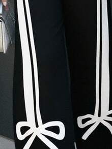 SHEIN 少女休闲正式优雅蝴蝶结装饰黑白撞色珍珠纽扣上衣搭配直筒撞色裤 - 黑色 - 查看 3