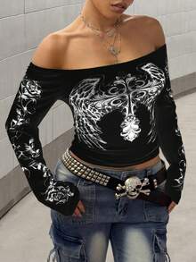 Maweii Áo nữ cỡ lớn gợi cảm, trễ vai, in họa tiết, tay dài, kiểu dáng thường ngày, màu đen, thích hợp cho mùa xuân/thu, dịp lễ. - màu đen - Xem 5