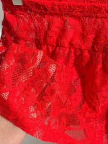 Comfortcana 女士红色蕾丝迷你裙：休闲半透明针织裙，荷叶边下摆细节，圣诞节女士红色蕾丝裙 - 紅色 - 查看 7