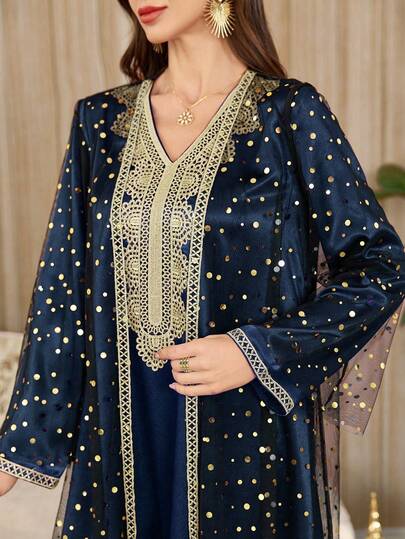 Al Najma Set de 2 vestidos formales de satén con malla bordada con flores y lentejuelas
