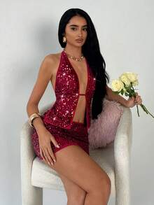 TRNVIE Valentine's Day Red Sequin Spaghetti Strap Deep V Backless Camisole & Mini Bodycon Skirt 2-Piece Set,Burgundy Red,Summer,Night Out Club,Rave,Banquet - Burgundy - View 6