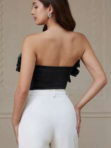 Aveloria Rosie European And American Light Luxury Romantic Date Style Autumn And Winter New Fashion Versatile Knitted Stitching Organza Multi-Layer Design Chest Jumpsuit - Black - View 2