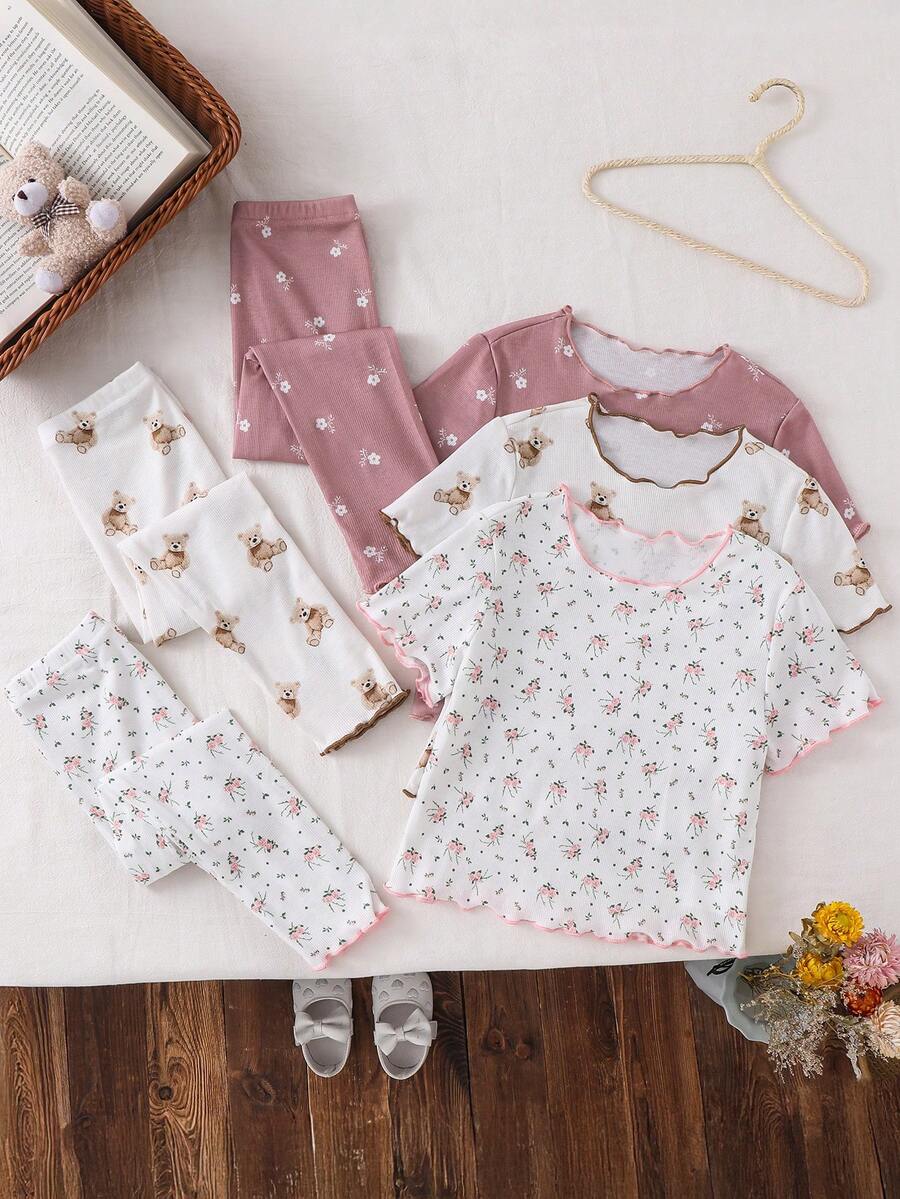 SHEIN LMoss Kids 6pcs/Set Piyama Rajut Kasual Nyaman Motif Beruang Kartun Lucu & Bunga dengan Hiasan Ruffle dan Kerah Bulat, Lengan Pendek, dan Celana Panjang untuk Anak Perempuan - MultiWarna - View 1