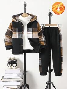 SHEIN 2 件套男童格子连帽夹克和运动裤套装，春秋季幼儿格子男童格子夹克 - 彩色 - 查看 3