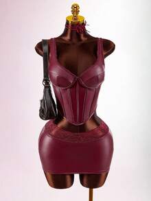 Amplova Bộ 2 món xương cá PU dành cho nữ: Áo hai dây & Chân váy ôm sát mini, Gợi cảm & Sang trọng, Thích hợp mặc mùa thu, Hàng ngày, Công sở, Tiệc năm mới - Màu Đỏ Sâu - Xem 5