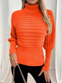 EMERY ROSE 高领麻花针织宽松时尚超大修身套头毛衣 - 橘色 - 查看 6