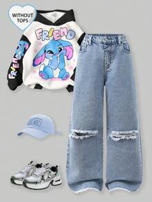 Tween GirlsCasual Basic Comfortable Elegant Fresh Wide Leg Loose Fit Pure White Jeans - Medium Wash - View 7