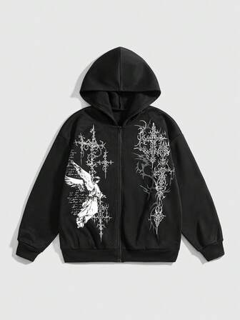 Grunge Punk Y3K Cross Thorn Angel Print Fleece Hooded Sweatshirt For Women