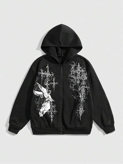 Grunge Punk Y3K Cross Thorn Angel Print Fleece Hooded Sweatshirt For Women