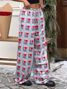 SHEIN EZwear 女士字母爱心印花抽绳腰休闲阔腿裤 - 彩色 - 查看 4