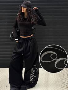 Coolane 女士夏季街头服饰外出休闲运动基本款法国灰色松紧腰直筒裤 - 黑色 - 查看 2