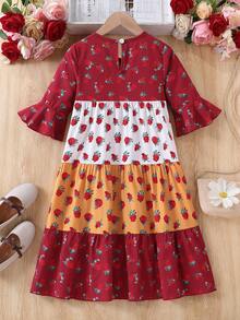 Girls' V-Neck Patchwork Floral Print Long Dress With Colorful Tassel Belt And 3/4 Sleeves, Middle Eastern Style - Multicolor - View 2