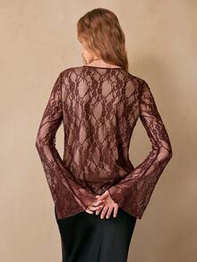 Chiquease Women's Casual Bohemian Romantic Lace Loose T-Shirt, Fashion Outerwear, Spring/Autumn - Coffee Brown - View 2