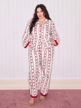 SweetSlumber Komplet piżamowy w kontrastowym kolorze z nadrukiem w kształcie serca i długim rękawem, w swobodnym, dużym rozmiarze