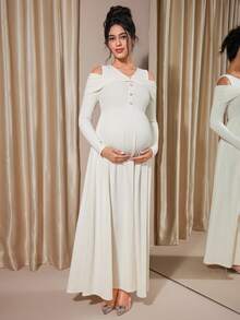 Momance Raglan Sleeve Button Front Rib-Knit A-Line Midi Dress, Spring/Autumn - Apricot - View 5