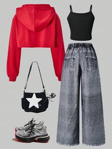 SHEIN ChillGRL 3件套街头酷炫休闲少女宽松牛仔印花裤、露脐吊带背心和长袖连帽衫套装，时尚