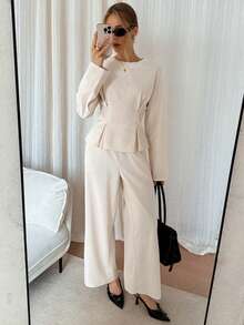 Siren Gaze Elegantes 2-teiliges Damen-Set aus apricotfarbenem Leinen, tailliertes Langarmhemd mit Rundhalsausschnitt & Hose mit geradem Bein, herbstlicher Casual-Anzug für Damen-Brunch - Aprikosenfarben - Übersicht 4