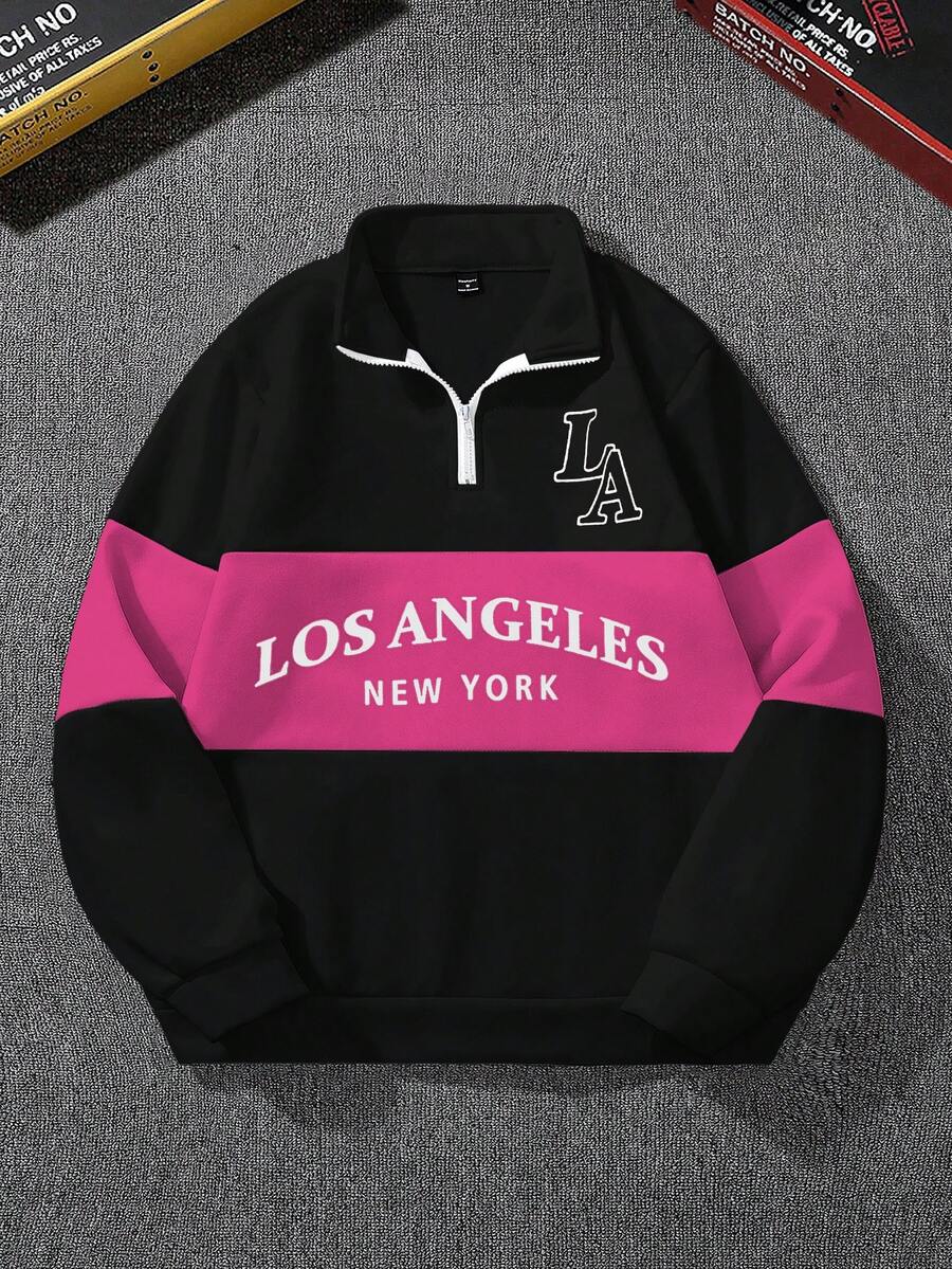 Manfinity Campus Court Aesthetic Post--Men's Turndown Collar Zipper Half Placket Letter Print Casual Versatile Commuting Long Sleeve Sweatshirt - Pink - View 1