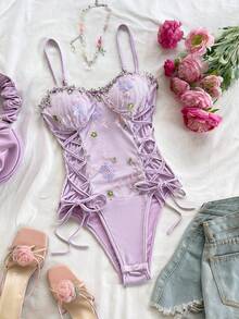 Soleia Purple Mesh Embroidered Green Fishbone Bodysuit For Women, Sexy Vacation Lavender Swimsuit Flower Swimsuit Purple Bathing Suit Lavender One-Piece Embroidered Swimsuit Summer Spring Valentine's Day Casual Vacation  Beach Wedding Birthday Going Out Elegant Casual Vacation Cut Out Swimsuit Summer Spring Valentine's Day Casual Vacation  Beach Wedding Birthday Going Out Elegant Casual Vacation - Multicolor - View 1