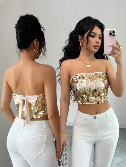 Elenzga Women's Casual Minimalist Sequin Shiny Party Tube Top, Autumn/Winter