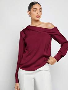 BizChic 不对称褶皱垂坠宽松长袖缎面衬衫，百搭夏季穿着，适合复活节、圣帕特里克节、优雅都市通勤、日常休闲、浪漫90年代复古风、派对礼服、春假、海滩、毕业典礼、假日、婚礼宾客、伴娘、女主人等场合，也适合外出、社交活动、派对、音乐会、毕业典礼、早午餐、机场等。 - 中紫紅色 - 查看 4