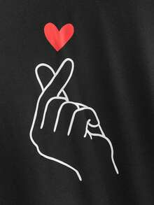 HIMLAND Men's Casual Gesture & Heart Print Round Neck T-Shirt - Black - View 5