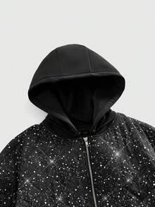 ROMWE MEN Street Life Men's Shiny Zipper Front Casual Hooded Winter Jacket - Black - View 3