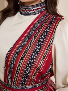 Al Najma Plus Size Women Geometric Print Patchwork Arabic Style Dress - Multicolor - View 7