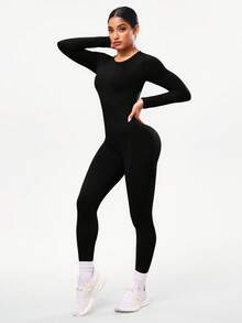 Seamluxe SHEIN Sport Women's Letter Print Open Back Tight Yoga Jumpsuit - Black - View 3