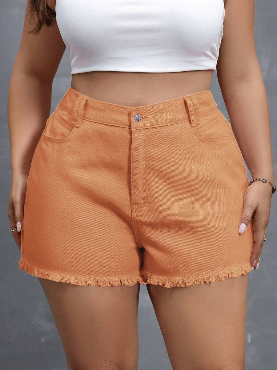 SHEIN Essnce 大码女式高腰口袋毛边休闲百搭牛仔短裤 - 橘色 - 查看 1