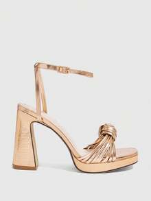 CUCCOO SZL 女士夏季新款时尚性感香槟色高跟鞋，编织带扭结方头粗跟凉鞋，正式礼服派对鞋 - 香檳色 - 查看 3