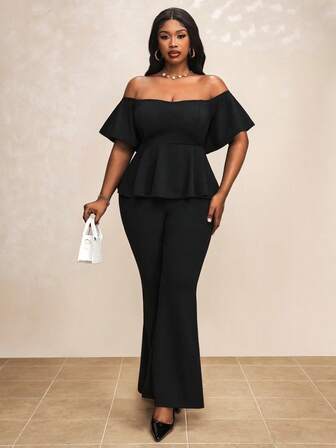 Truni de hombros descubiertos Top peplum & Pantalones acampanados