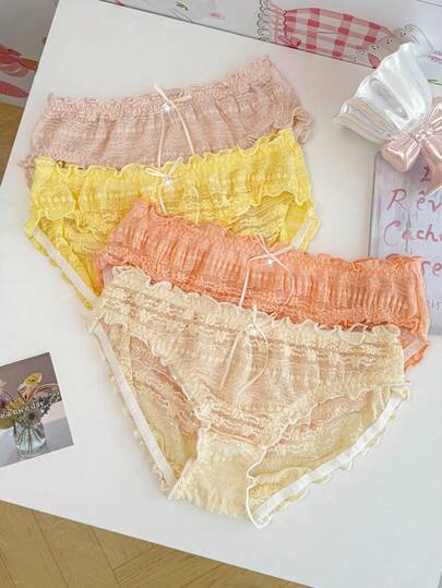 PetitDoll 4件套女士彩色蕾丝蝴蝶结装饰内裤套装