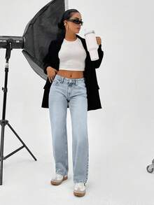 CasuGlow 100% Cotton LOW RISE  STRAIGHT FIT VINTAGE WASH Y2K STYLE JEAN - Baby Blue - View 4