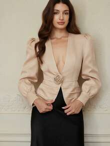 EMERY ROSE Blazer decorativo floral 3D feito à mão, de cor sólida, versátil e com estilo europeu e americano, adequado para uso diário, outono/inverno - Caqui - Visão 1