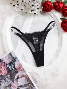 Floral Lace Rhinestone Studded Tape G-String Sexy Lingerie, Rave - Black - View 4