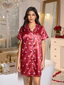 心形条纹翻领仿丝绸女士睡裙 - 紅色 - 查看 6